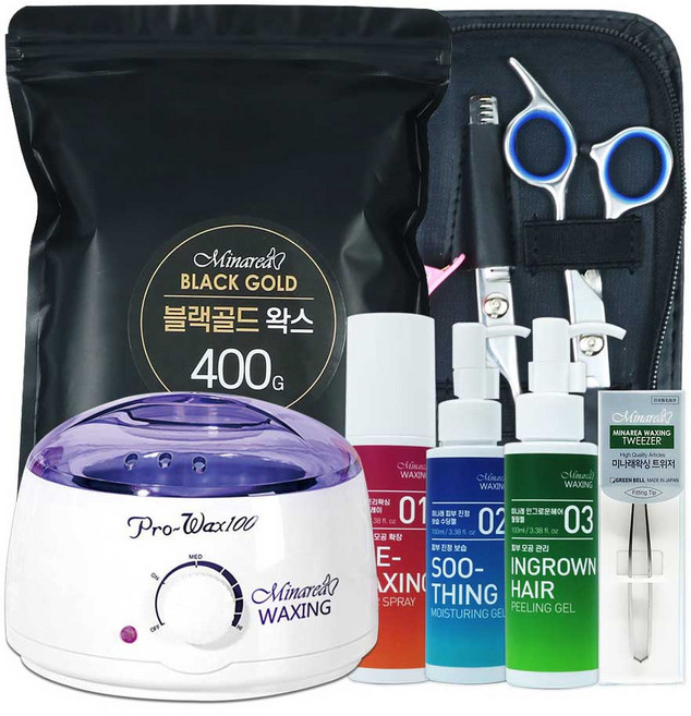 미나래 블랙골드 브라질리언 인중 다리 코털 왁싱 제모 풀세트 [ 왁싱워머기X왁스 400g 800g 전후처리제 인그로운헤어 핀셋 스파출라 풀구성 ]+명품가위세트 증정, 1세트