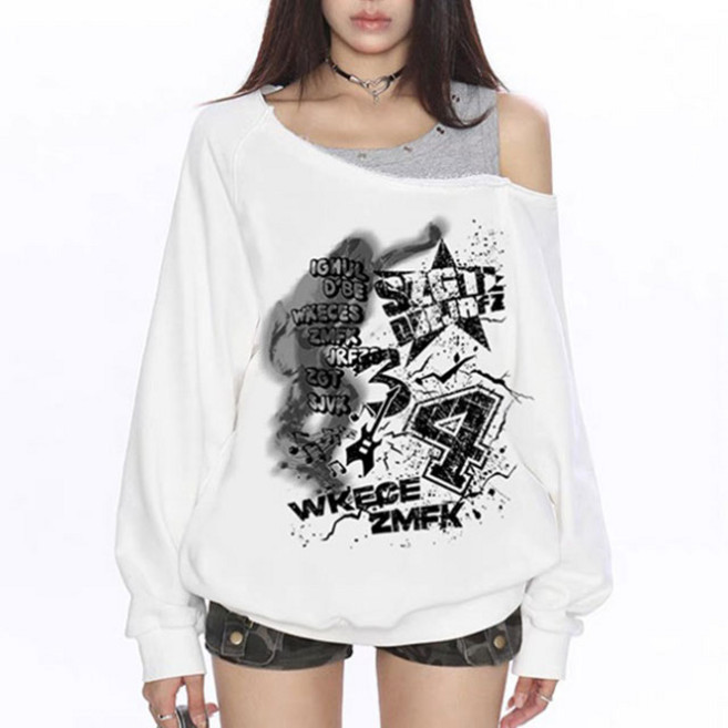 [당일출고/여리힙/아방핏] 바이커 원오프숄더 맨투맨 긴팔티셔츠 (나시일체형레이어드 가을겨울옷 세미크롭숏 y2k 빈티지각시크 키작녀룩 연말크리스마스 블록코어 힙한그래픽 루즈오버핏)