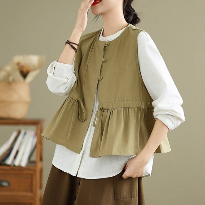 코카마니 여성 라운드넥 허리 셔링 플레어 크롭 베스트 예쁜 조끼