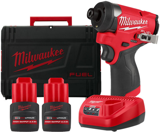 밀워키 M12 FID2-252X 충전 임팩 드라이버 12V 2.5Ah 고출력 배터리 2개 세트, 1개
