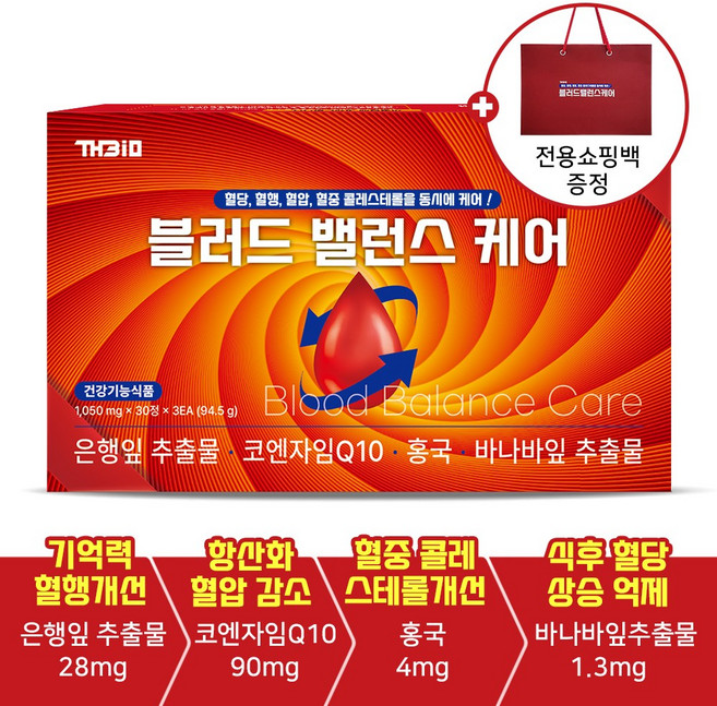 THBIO 블러드밸런스케어 혈당 혈행 혈중콜레스테롤 혈압 항산화 기억력개선 은행잎추출물 바나바잎추출물 홍국 코엔자임큐텐 코큐텐 징코 혈관영양제, 1박스, 90정