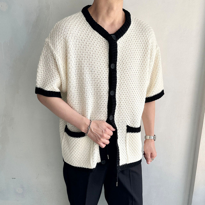 라운지21 남자 오버핏 배색 니트 트위드 반팔 자켓