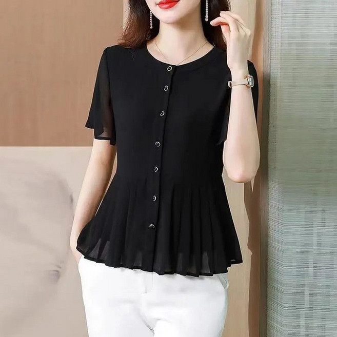 besteffie 여성 반소매 플리츠 블라우스 심플 오피스 여름 슬림핏 셔츠