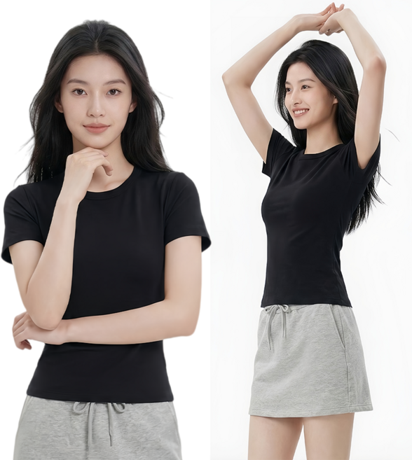 1+1 여성 반팔티 단색 탄력 슬림핏 티셔츠 베이잉