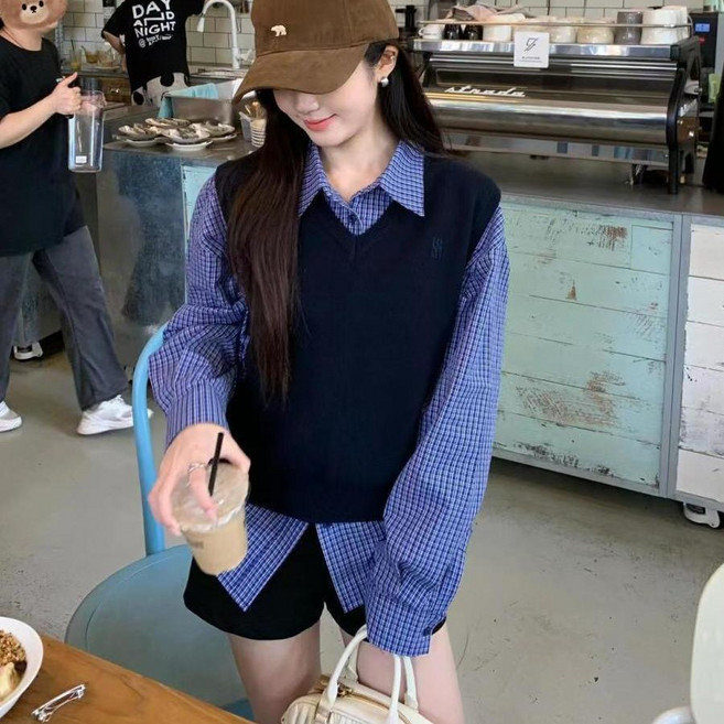 Asure 여자 니트베스트 체크셔츠 투피스