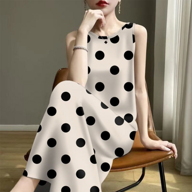 77우먼스 세이지토드원피스 4컬러 여성 블루 폴카도트 민소매 롱 원피스 리현커머스