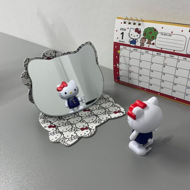 키티 도트 탁상 접이식 거울 휴대용 여행용사무실 책상 화장대, 화이트