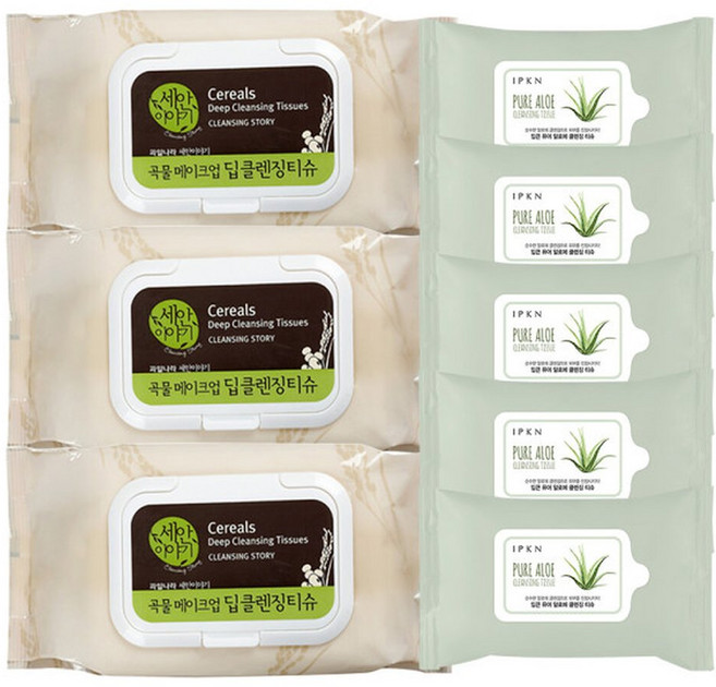 1+1+1 세안이야기 곡물 클렌징티슈 / 1015팩 입큰 퓨어 알로에 클렌징 티슈, 3개