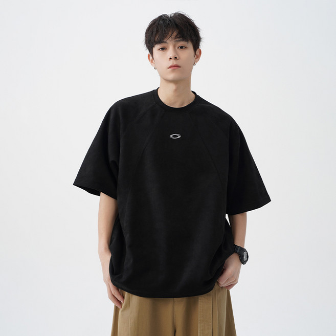 HANYO 남성용 스웨이드 질감 입체 분할 디자인 루즈핏 캐주얼 반팔티