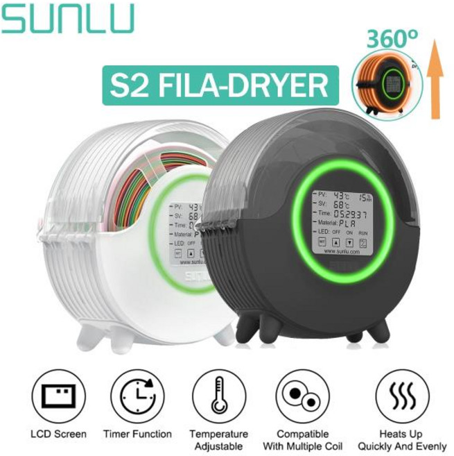 SUNLU S2 3D 필라멘트 건조기 드라이 박스 최대 70 ℃ 가열 360 ° 서라운드 건조 균일한 LED 터치 스크린 디스플레이 습도 프린터 메이트, 01 S2  EU Plug Black