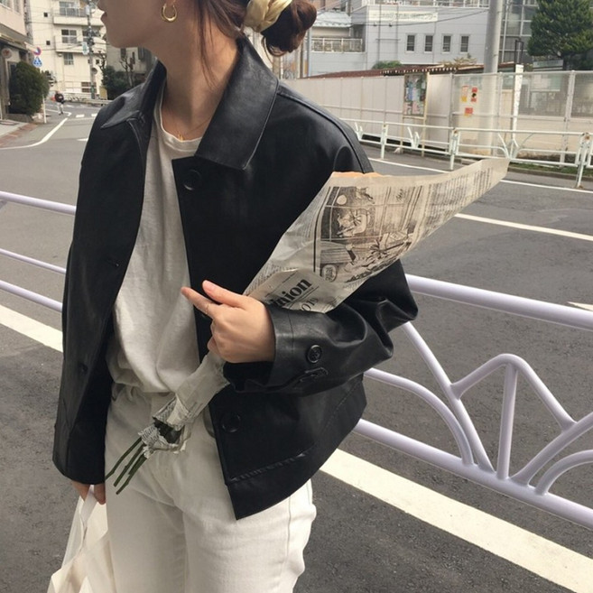 믹스블링 레더 자켓 시크 심플 숏 캐주얼 점퍼 여성 가죽 아우터