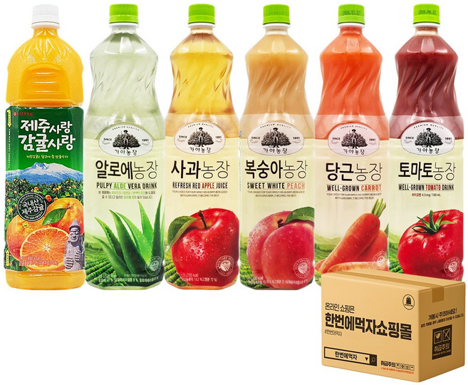 [한번에먹자] 1.5L 과즙음료 혼합세트 / 가야농장(알로에 + 사과 + 복숭아 + 당근 + 토마토) + 제주사랑감귤사랑 / 각1개씩 총6페트