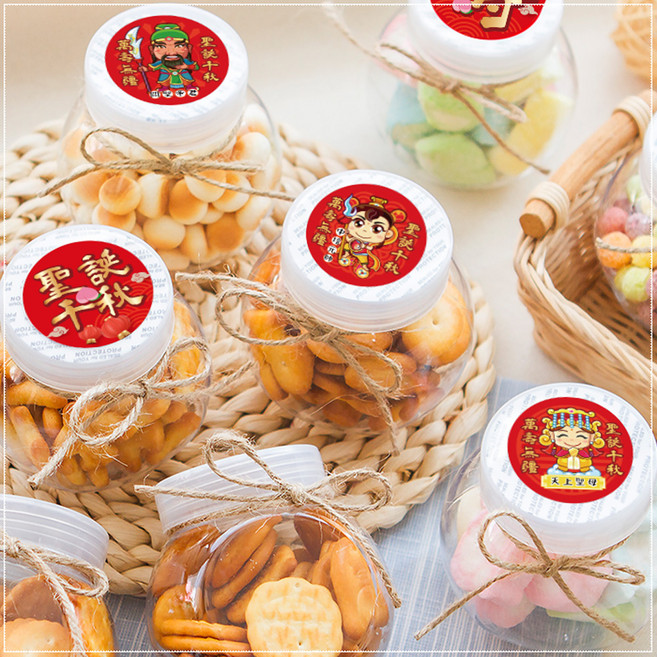 Q版神明祝壽餅乾小圓罐 神明生日 聖誕千秋 拜拜供品, 5個, 虎爺,小奇福圓型餅乾80g