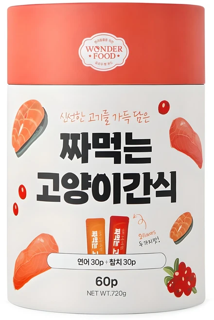 원더푸드 짜먹는 고양이 간식 60p, 혼합맛(연어/참치), 720g, 1세트 - 쿠팡