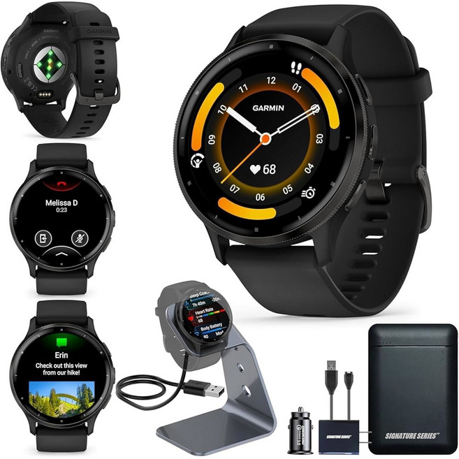 가민 베누 4 45mm 어드밴스드 헬스 & 피트니스 GPS 스마트워치 밝고 다채로운 디스플레이 손전등 12일 배터리 수명 | 실버 유자 실리콘 밴드 시그니처 시리즈 전원, Venu 3 (45mm), Black