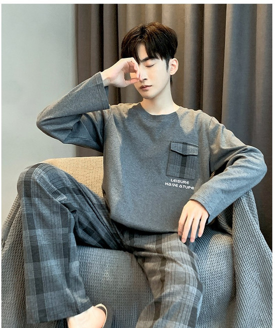 파자마 남자 긴팔 긴바지 심플하고 캐주얼하고 헐렁한 가정복 세트 겉으로 입을 수 있다