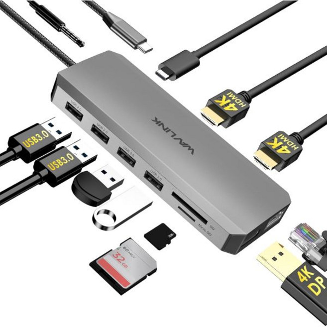 웨이브링크 USB-C 도킹 스테이션 듀얼 모니터 노트북용 트리플 디스플레이 허브 멀티포트 어댑터 동글, Grey, 1개