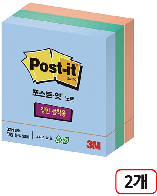 3M)포스트잇 강한점착용(654/친환경/3색/76*76mm) 2개입