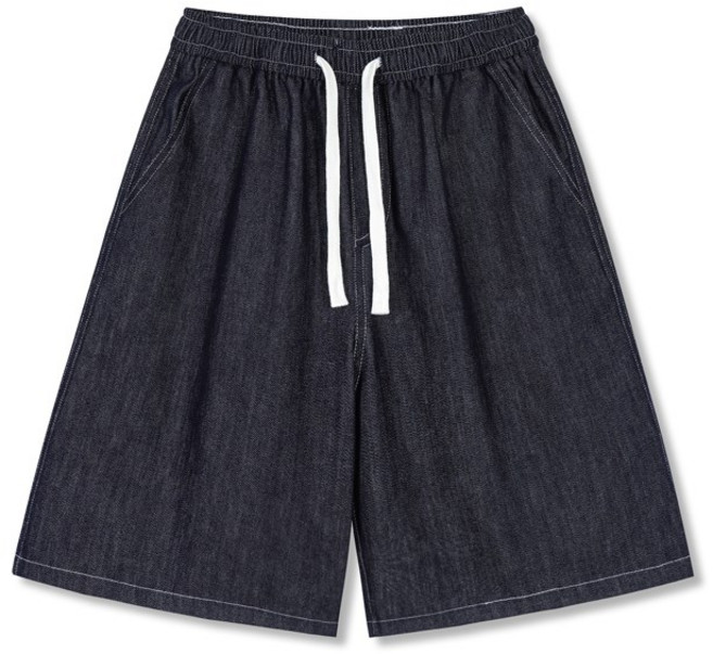 아키무 남녀공용 밴딩 데님 와이드핏 5부 반바지