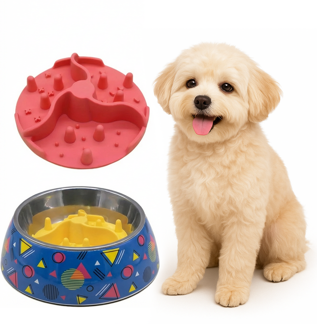나래터 급체방지 슬로우 식기 실리콘 반려 강아지 고양이, 1개, 코랄 레드