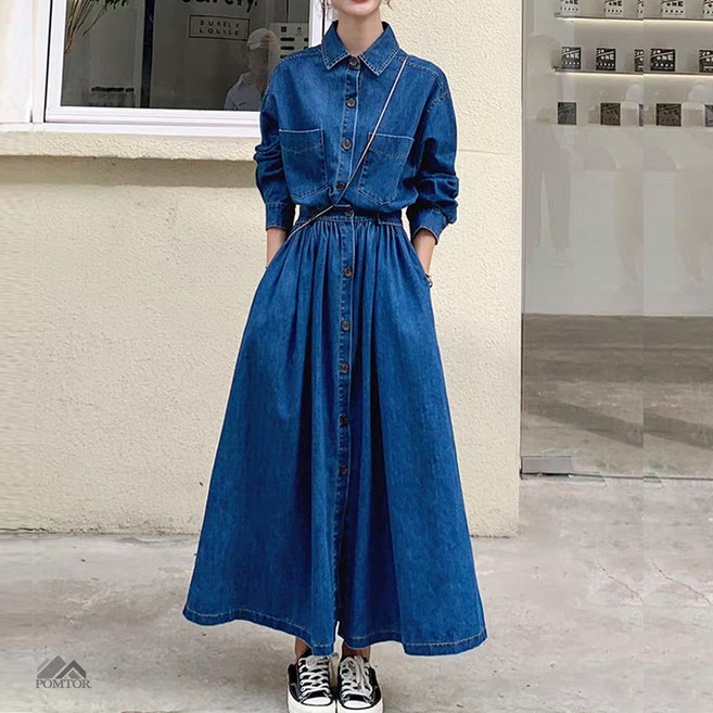 POMTOR 여자 가을 데님 원피스 셔츠 롱 원피스
