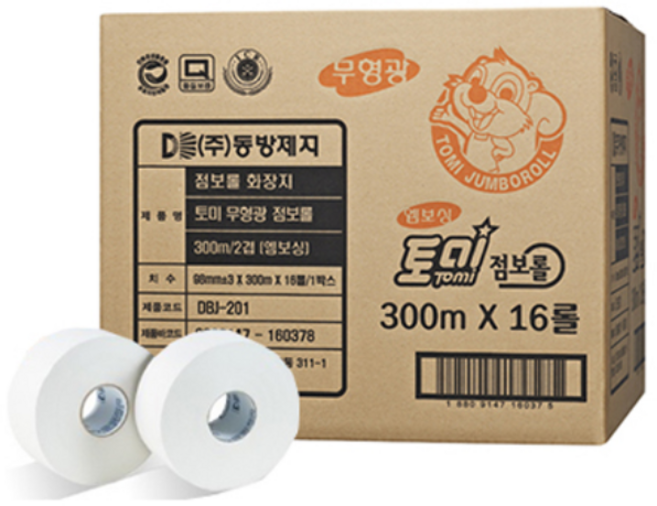 동방제지 무형광 점보롤 휴지 엠보싱 2겹 (300mX16롤), 16롤, 1박스