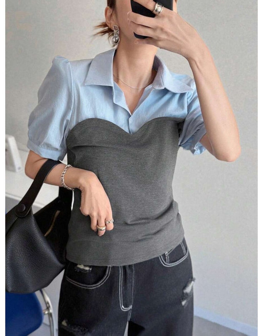 WEILI 女式二閤一拚色泡泡袖襯衫 時尚舒適 展現甜美氣息