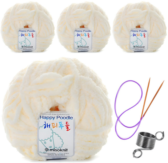 미소털실 해피푸들 극세사 수면 뜨개실 80g 4p + 줄바늘 + 뜨개반지, 19레몬취폰, 1개