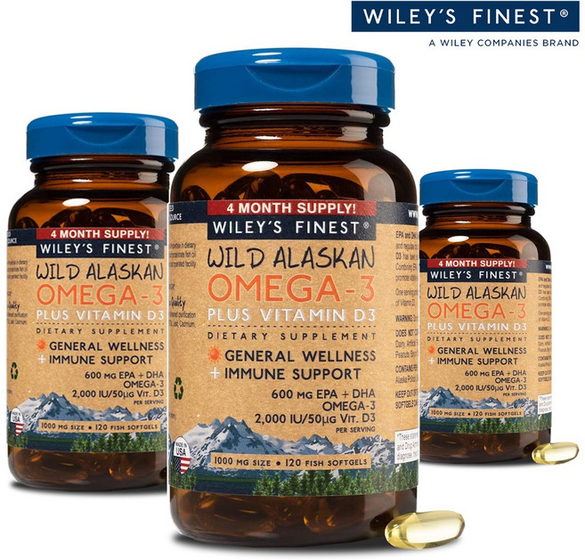 윌리스파이니스트 알래스카 오메가3 600mg EPA DHA 비타민D3 120정 3개, 3통