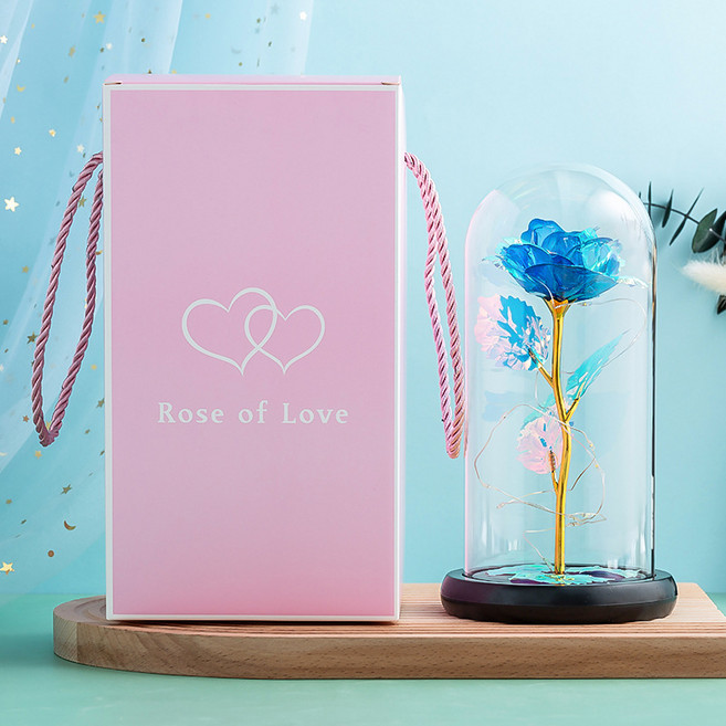 Clybo 영생화 유리커버 발광 LED 램프 금박 장미꽃, 블루+램프+3잎