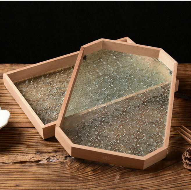 앙플러스 프리미엄 나무 유리 감성 쟁반 우드 트레이, 1개, 네추럴브라운