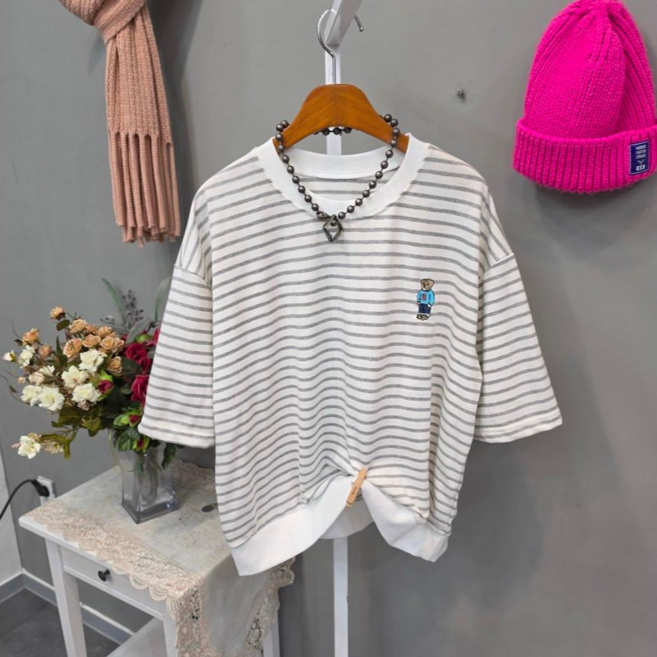 곰자수 미니 스트라이프 반팔맨투맨