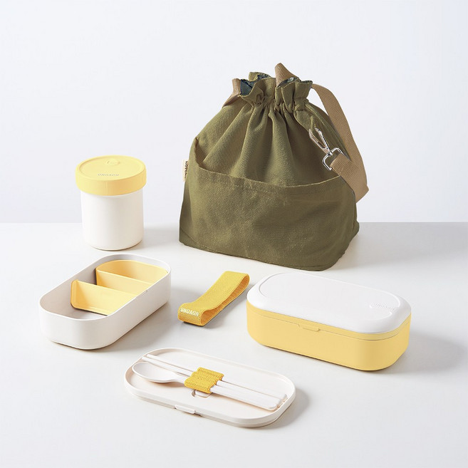 온다온 밤부 항균 2세대 전자레인지 2단 죽통 런치박스 캠핑 대용량 수저 소풍 직장인 도시락통 + 국통 + 가방 세트, 옐로+카키, 1개