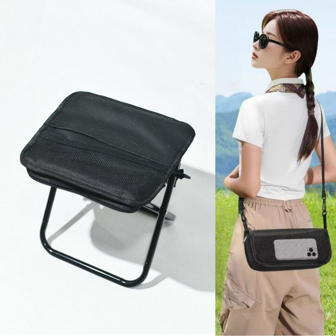 생활해랑 크로스백 휴대용 접이식 의자, 1개, 다크 블랙