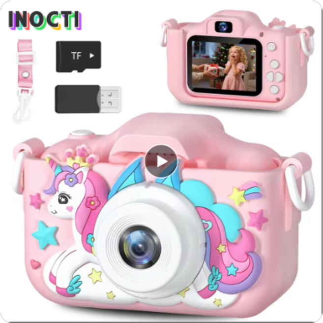 키즈카메라 어린이용 디지털 카메라 휴대용 유니콘 디자인 셀카 가능, 핑크