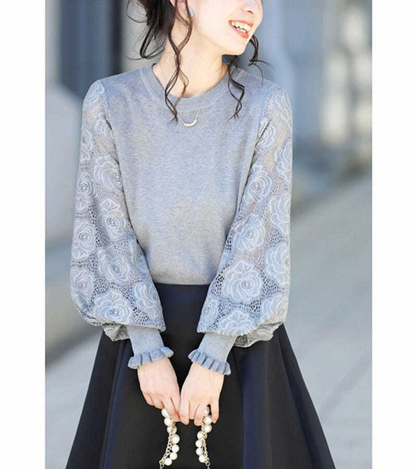Kdragon 여성 루즈핏 라운드 넥 플라워 레이스 시스루 소매 니트 티셔츠