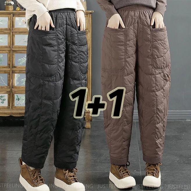 JUSTFEELING 1+1/2벌 포켓 밴딩 솜패딩바지 도톰 겨울 캐주얼 면바지 바람막이 오토바이 방풍바지 날씬해보이는 웰론패딩 슬랙스 L-3XL