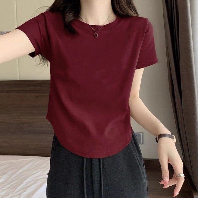 빠뻐을뻔 여성 정어깨 반팔 라운드/V넥 깔끔 슬림 라운드 밑단 티셔츠