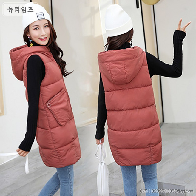 뉴타임즈 간절기 여성 조끼 패딩 솜 가을 겨울 모자 달린 대학 스타일 경량 따뜻한 민소매 공항패션 WG201107592Z