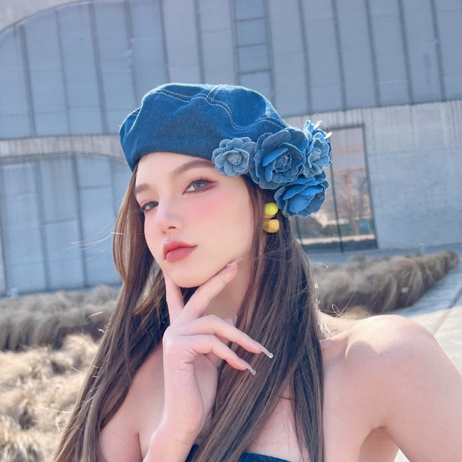 왕비 오리지널 봄여름 당색 데님 동백 패션 볼륨 화가 모자 캐주얼 모던 베레모