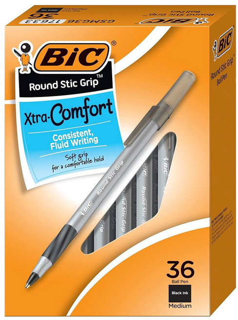 BIC 원형 스틱 그립 엑스트라 컴포트 블랙 볼펜 중간 지점(1.2mm) 36개 팩 부드러운 그립감으로 뛰어난 편안함과 컨트롤을 제공하는 완벽한 필기