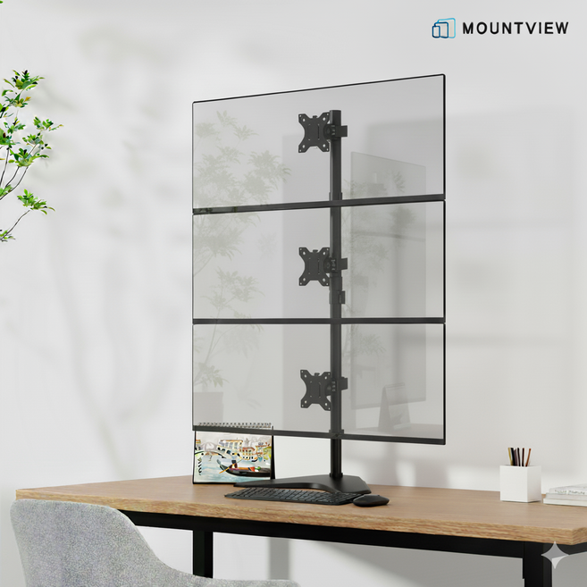 마운트뷰 상중하 수직 트리플 모니터암 스탠드형 거치대 MV12-C03V 27인치 32인치, 블랙 [BOM2118], 1개