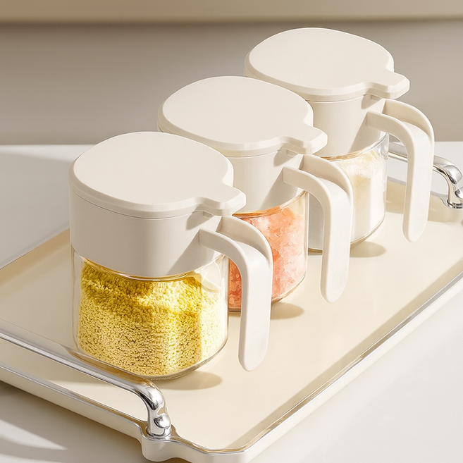 조미료 보관병 유리 360ml 3개 세트 강화유리 투명 플립형 뚜껑 스푼 포함 습기차단, 베이지 그레이, 1세트