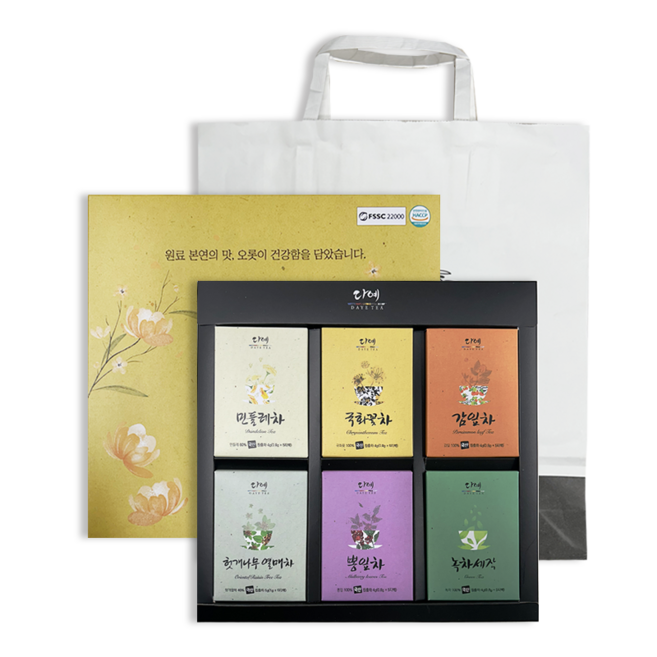 [본사직영] 다예 100%국산 꽃잎차 6종 티백 선물 세트+쇼핑백 (30티백) 국화꽃차+감잎차+헛개나무열매차+녹차세작+민들레차+뽕잎차, 1세트