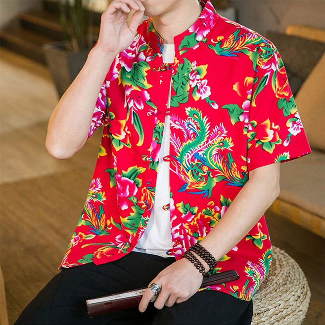 男士唐裝 中式花襯衫 五分袖 盤扣休閒上衣 紅色