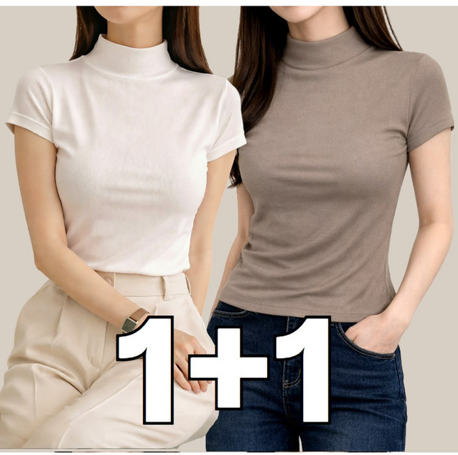 아쥬르 여성 하프넥 캡소매 반팔 반목 티셔츠 1+1