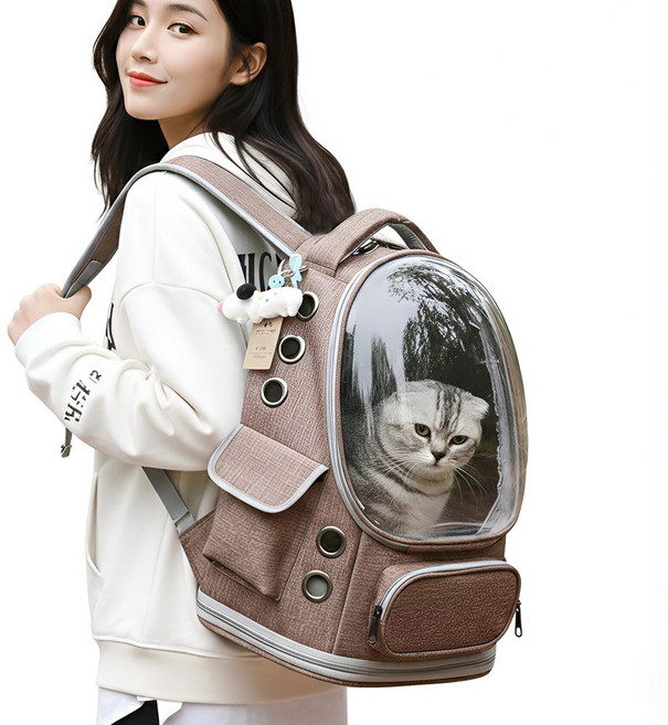 퍼피허그 Bubble 투명 우주선 강아지 백팩 산책가방 이동 가방 고양이 애견 기내용 컨넬 배낭, 1개, 모카 브라운