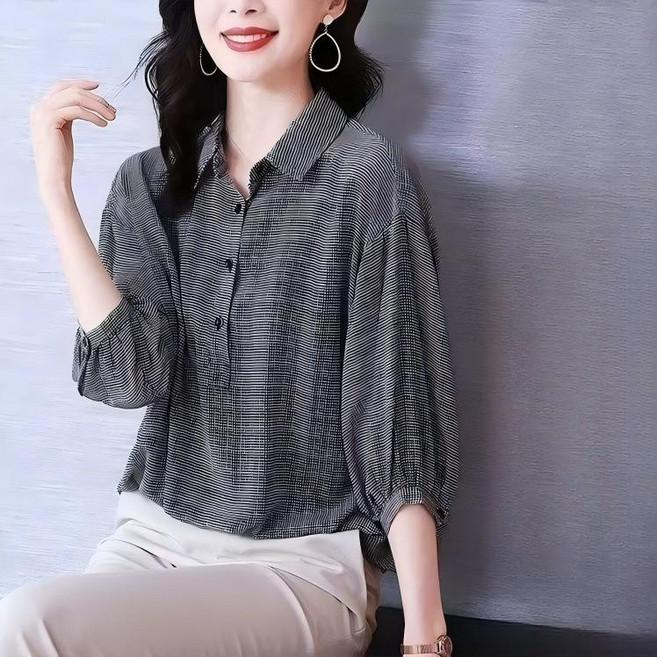 봄여름 빅사이즈 루즈핏 하운즈투스 칼라7부소매 쉬폰블라우스