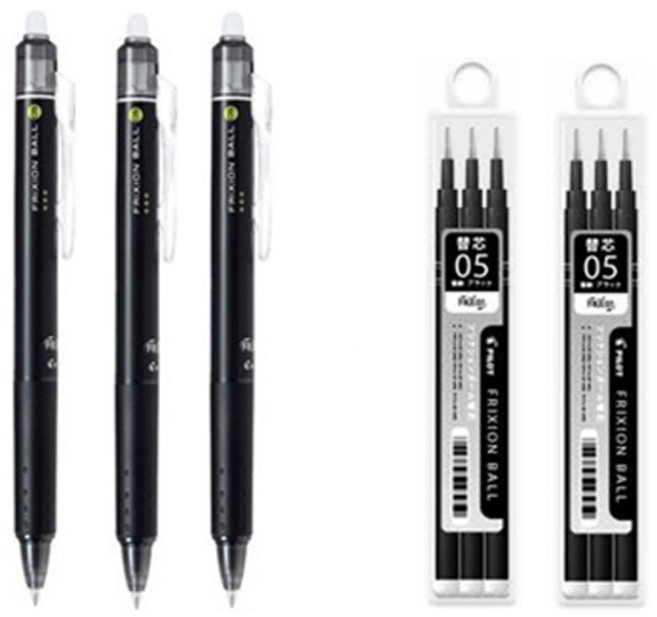 파이롯트 프릭션 노크 지워지는 볼펜(파이롯트 정품 블리스터 케이스 포장/선물용), 0.5mm흑색 3자루+리필(3본입)2개 세트