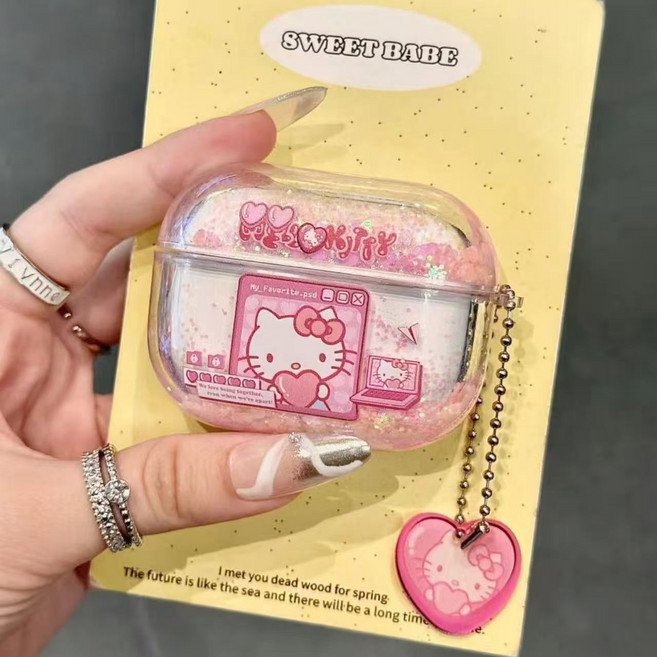키티 핑크 글리터 에어팟 하트 키링 투명 하드케이스, 1개, AirPods 1/2